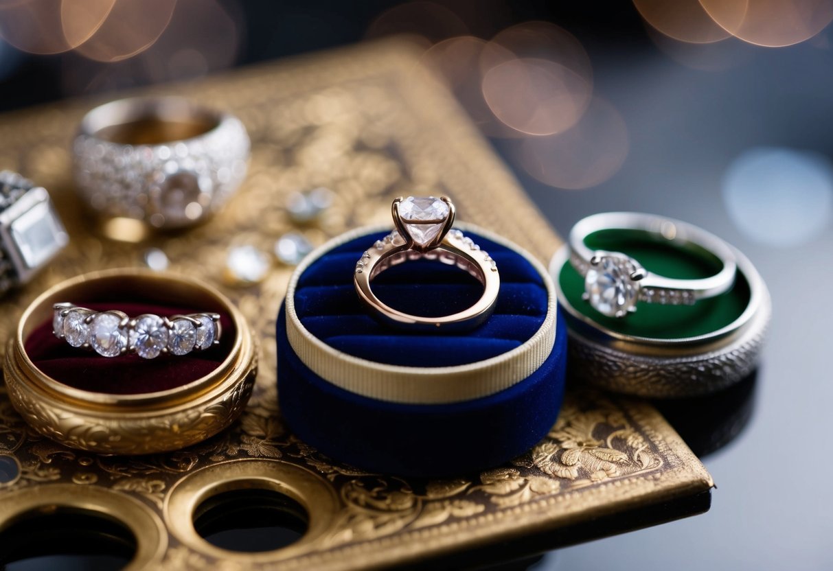 A jewelry box with a sparkling new ring surrounded by old ones