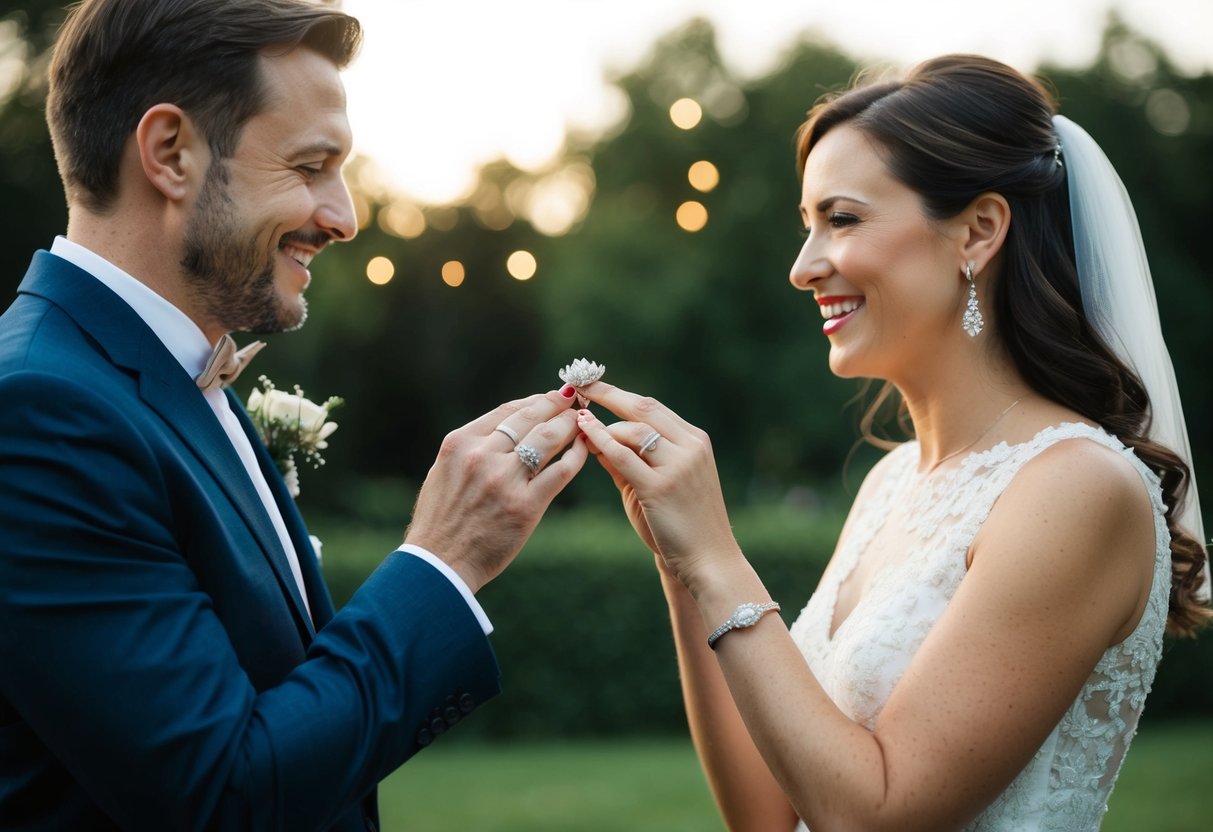 A couple celebrating their 10th wedding anniversary, exchanging anniversary rings