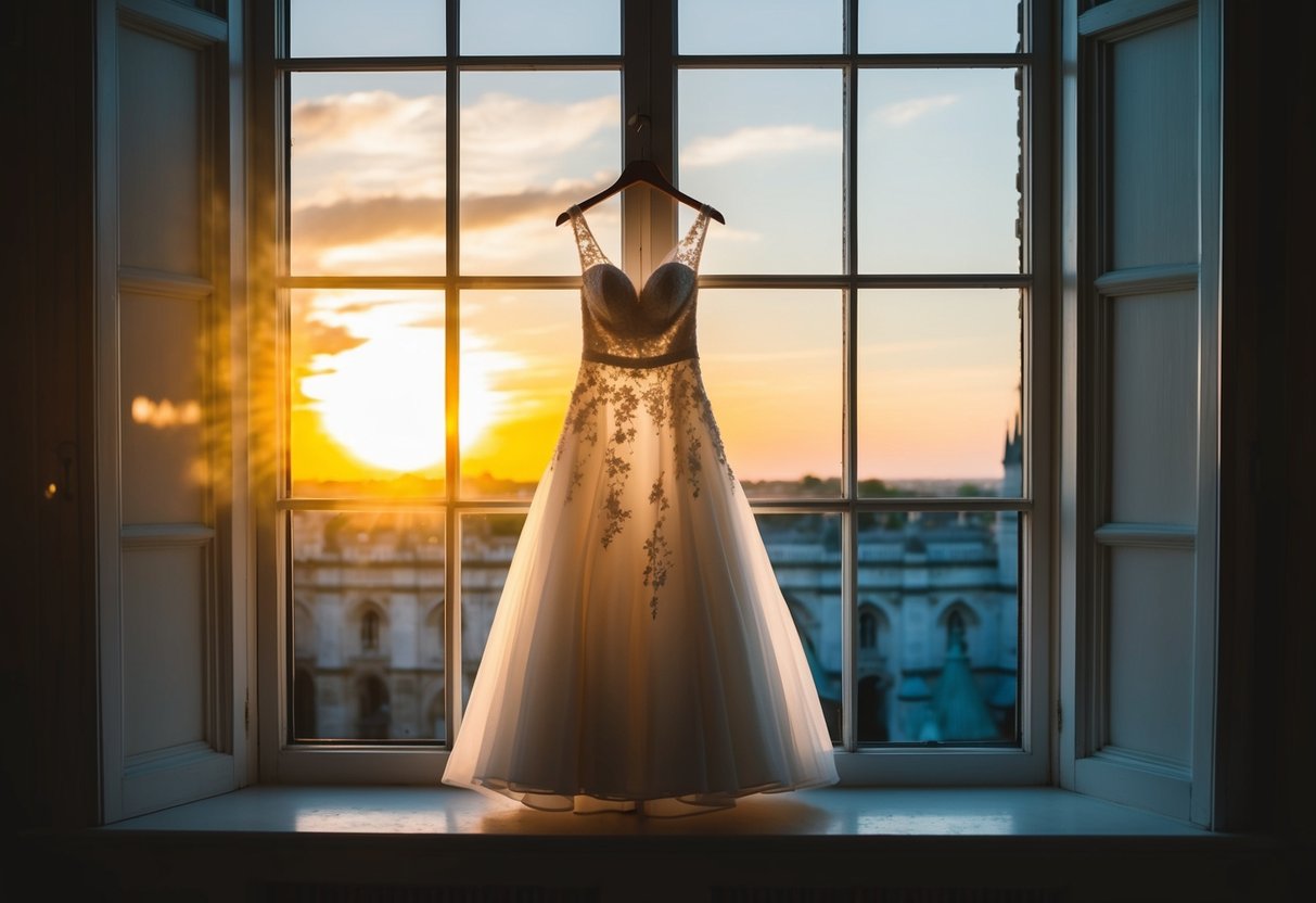 The sun sets behind a grand cathedral as the bride's dress hangs in the window, waiting to be worn