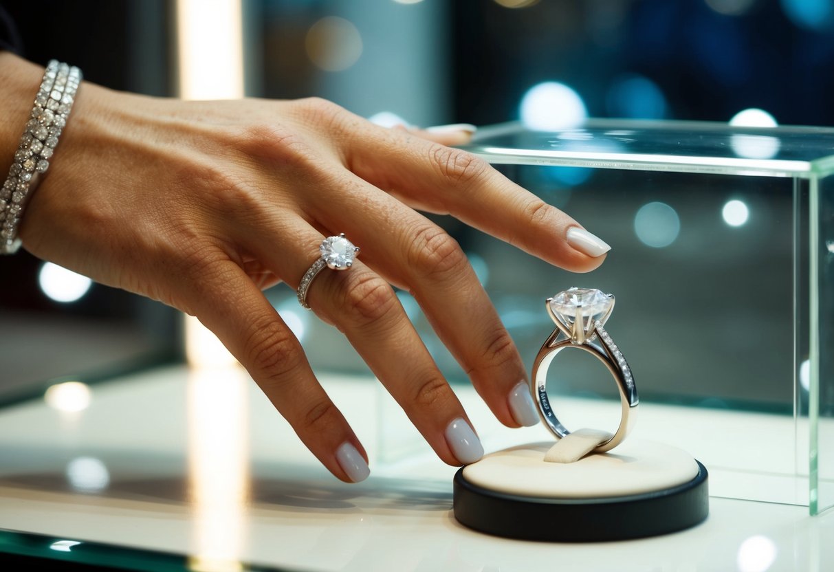 A hand reaches for a sparkling ring in a jewelry store display case