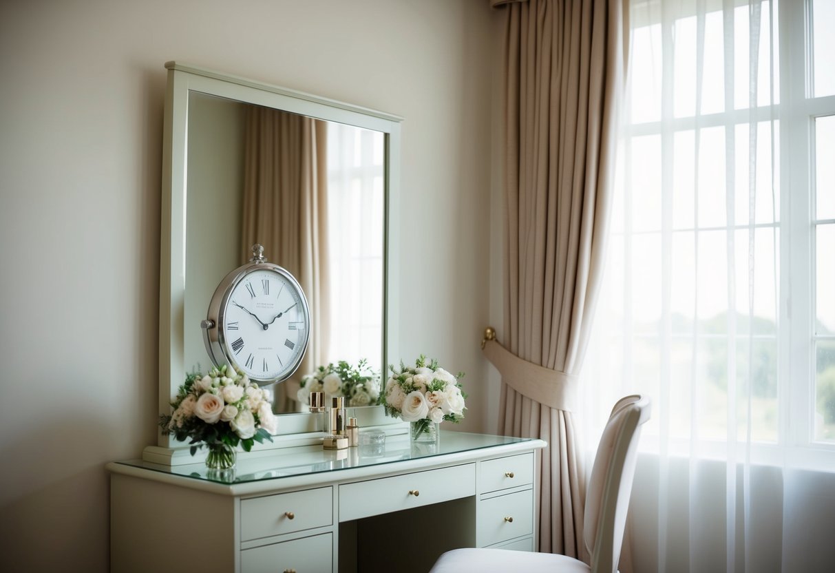 A serene bride's room with soft natural light, a neatly arranged vanity, and a clock showing the ideal time before the ceremony
