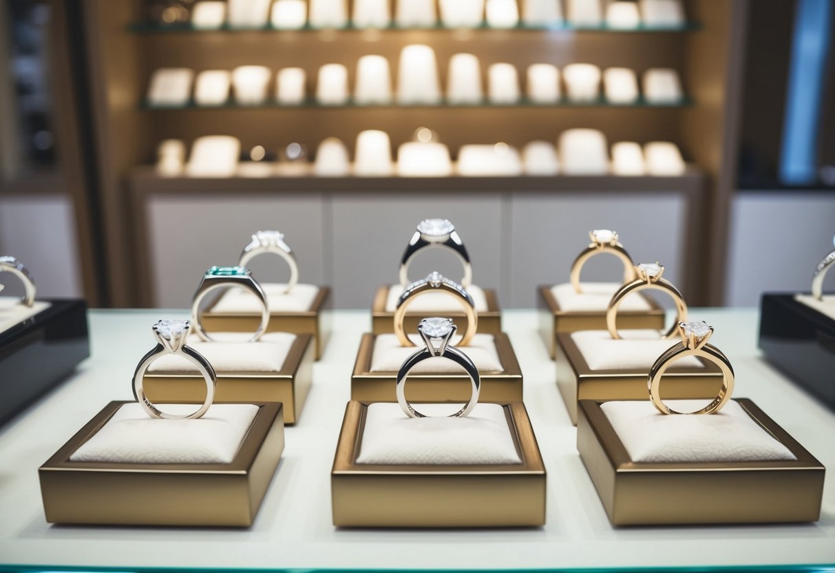 A jewelry store display showcasing a variety of modern wedding ring styles, with sleek designs and alternative materials