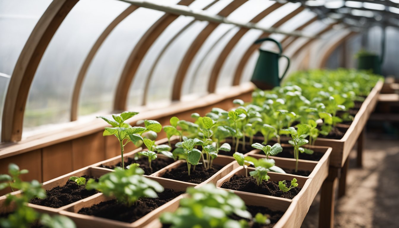 Young seedlings in terracotta pots line wooden benches in a neat polytunnel. Climbing plants spiral up string supports, vintage watering can and garden tools rest nearby