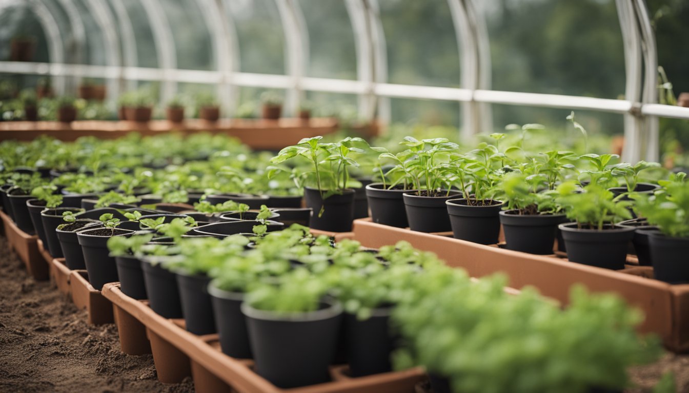 Young seedlings in terracotta pots line benches in a tidy polytunnel. Climbing plants spiral up string supports, vintage watering can and garden tools nearby