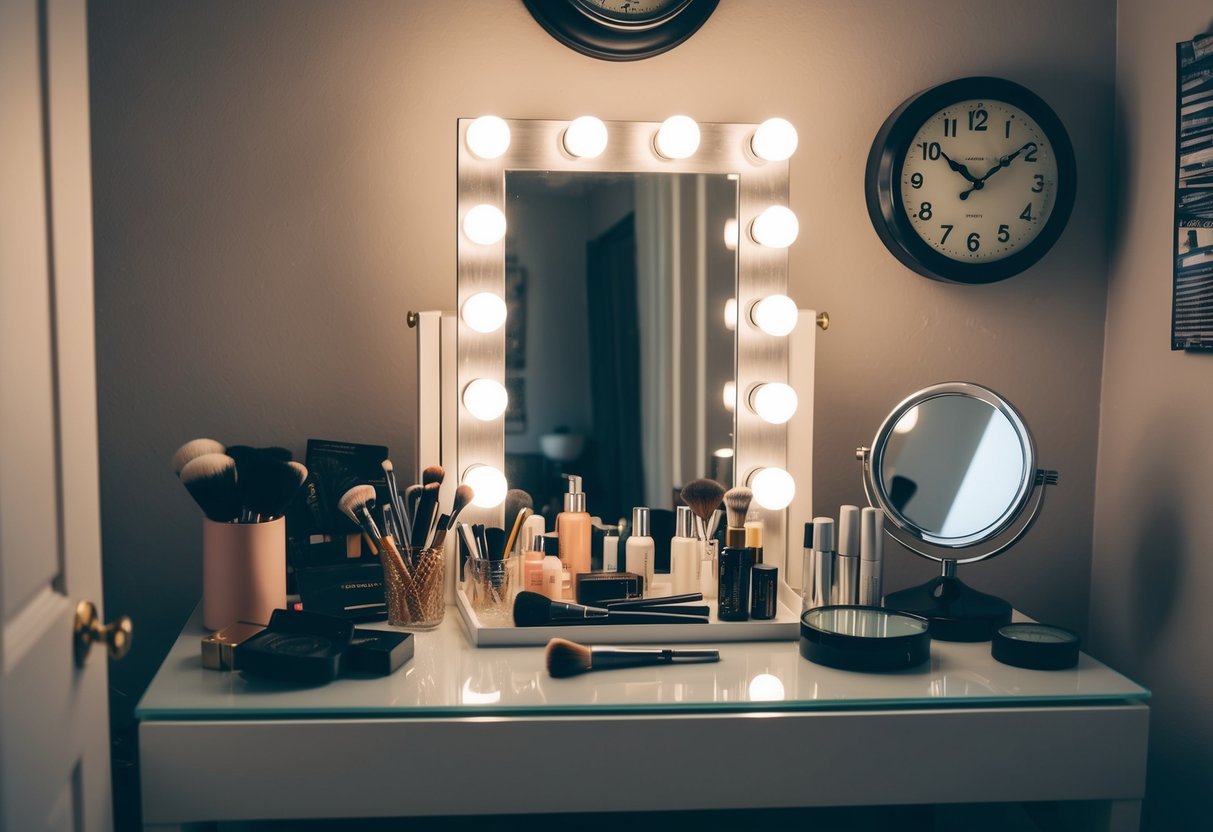 A cluttered vanity with a mirror, makeup, and hair accessories. A clock on the wall shows the time