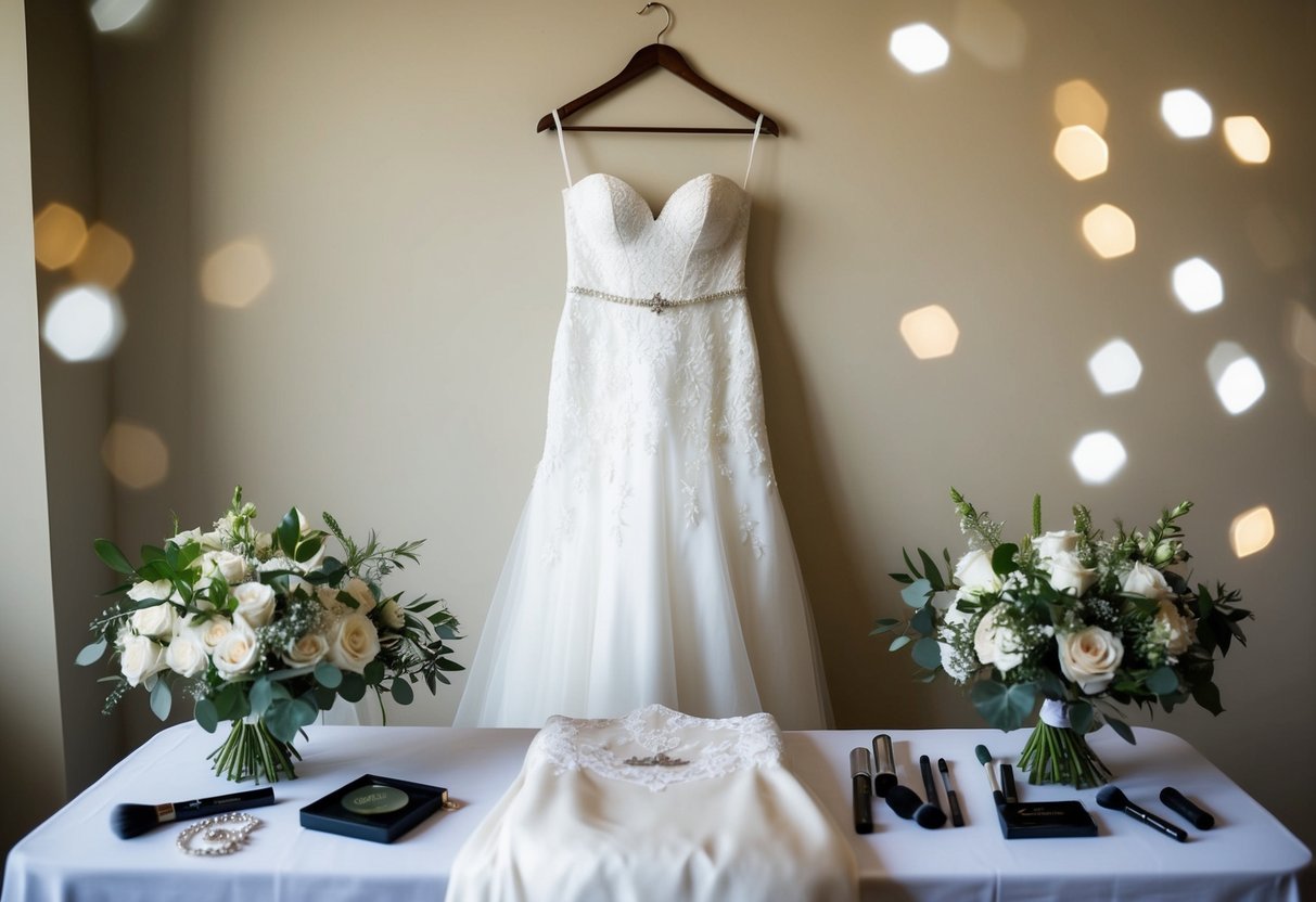 The bride's dress hangs on a hanger, surrounded by a bouquet and jewelry. Makeup and hair tools are laid out on a table nearby