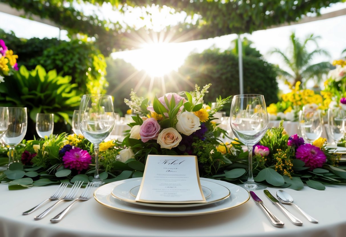 A table set with elegant place settings, surrounded by lush greenery and colorful floral arrangements, with the sun shining through a canopy overhead