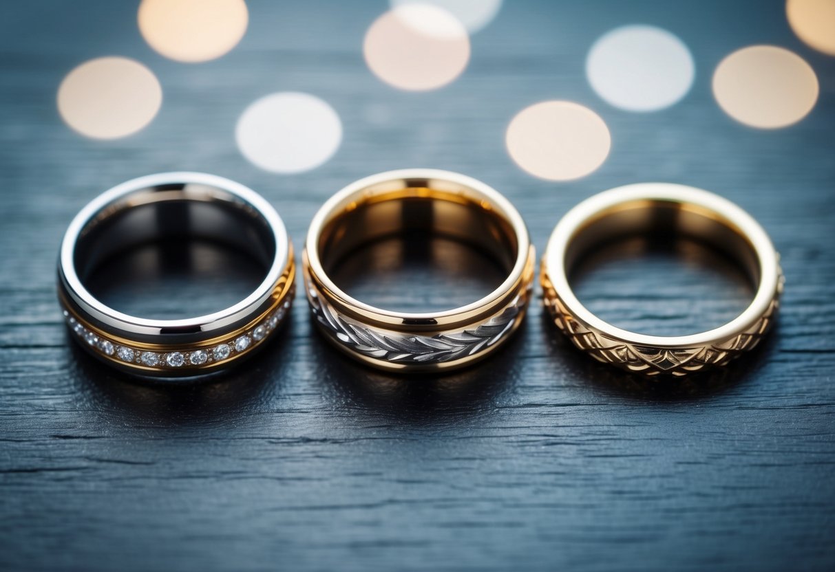 Three rings arranged in a triangular pattern, each with a different design and metal, symbolizing the unity of past, present, and future in marriage