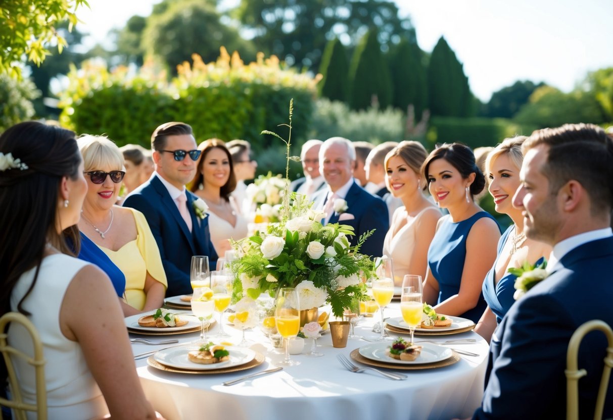 A sunny outdoor garden brunch wedding with guests in elegant daytime attire