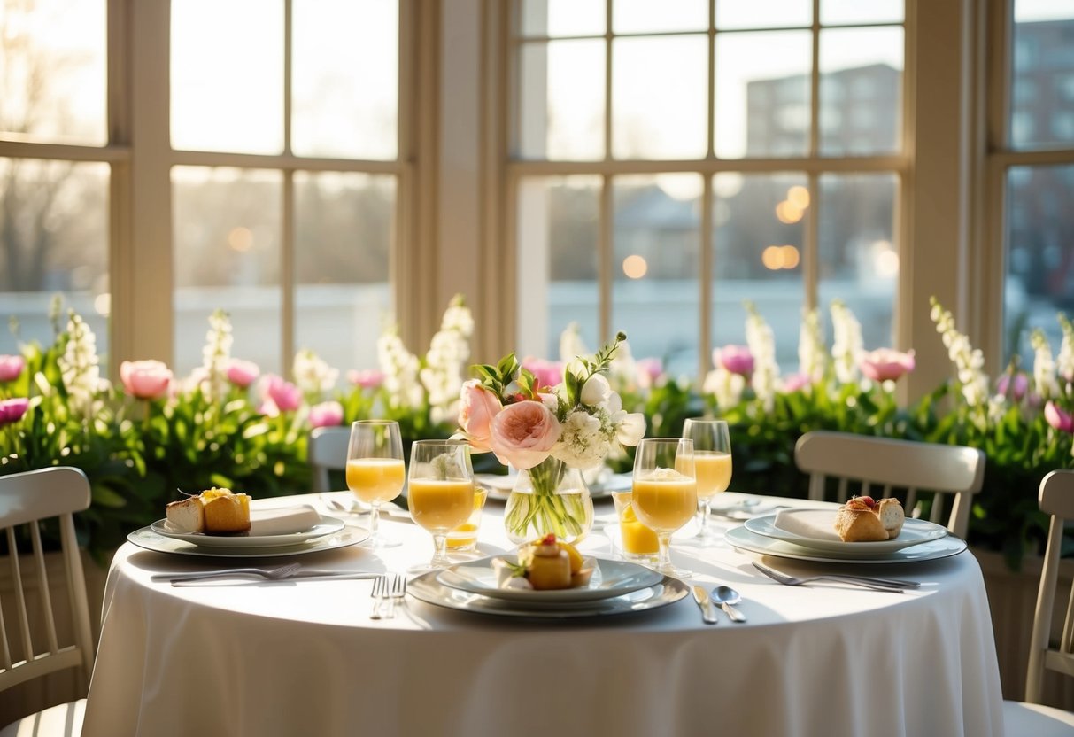 A table set with elegant brunch dishes and drinks, surrounded by blooming flowers and warm sunlight streaming through large windows