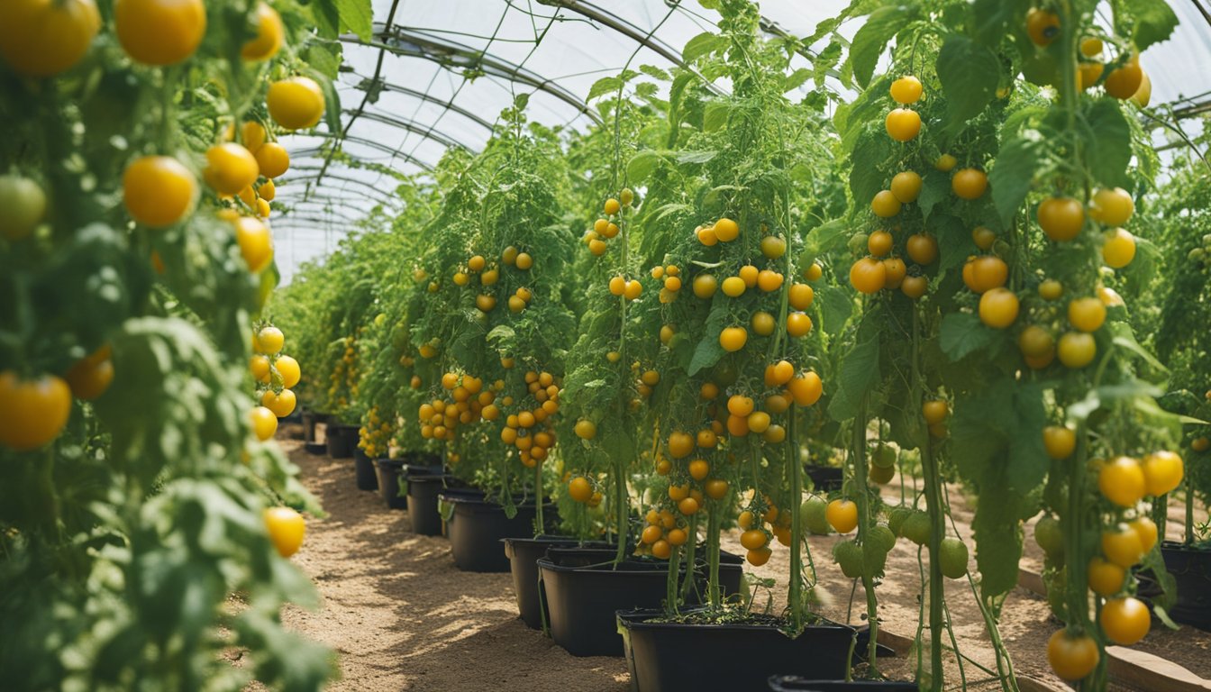 Tall tomato vines climb in sunlit polytunnel, heavy with ripening fruit and yellow flowers dotting healthy green foliage