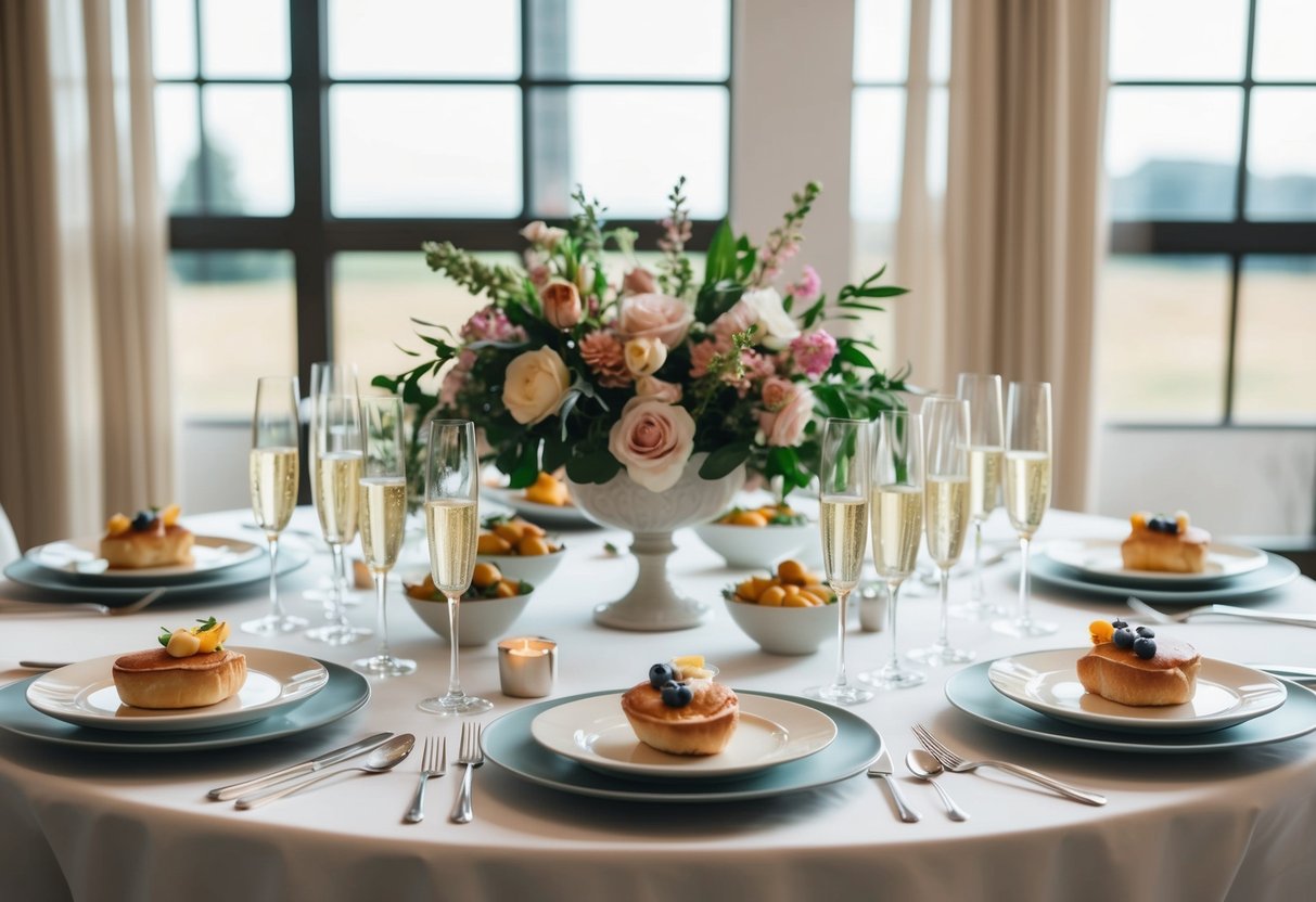A table set with elegant brunch dishes and champagne flutes, surrounded by floral centerpieces and soft natural light streaming in through large windows