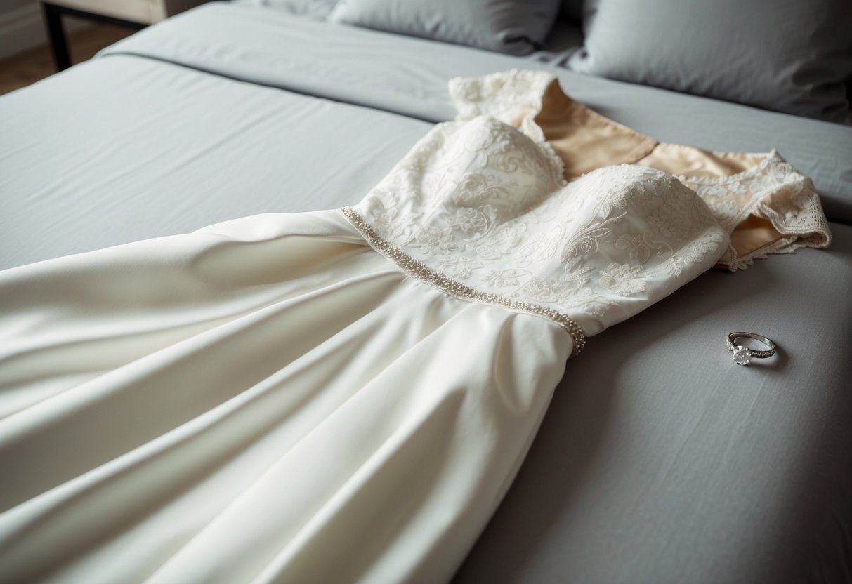 A wedding dress laid out on a bed, with an engagement ring sitting on a nearby table