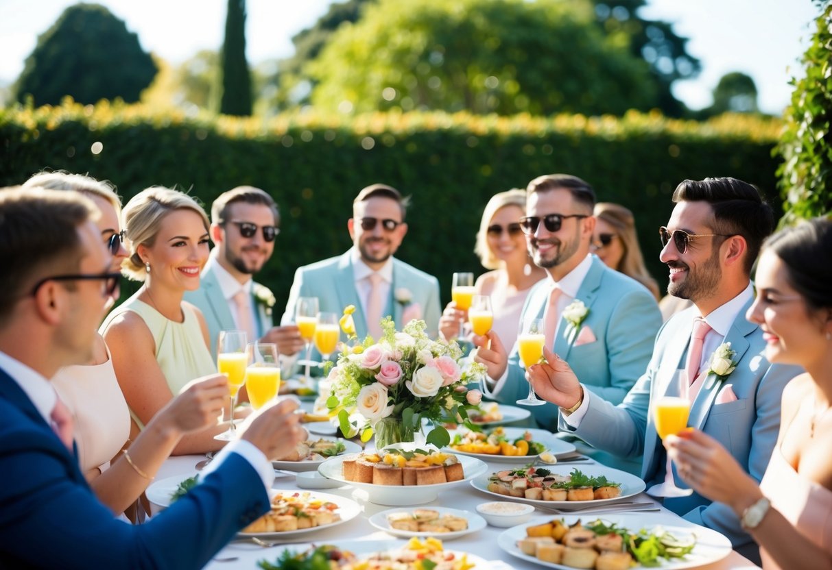 A sunny outdoor garden setting with guests in light pastel dresses and suits, sipping mimosas and enjoying a brunch buffet