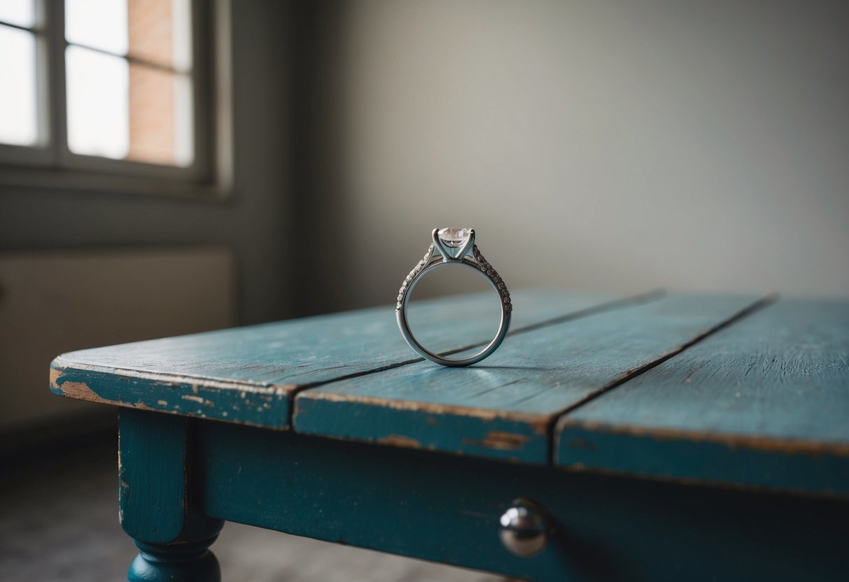 A glittering engagement ring sits abandoned on a weathered wooden table, catching the light in an empty room