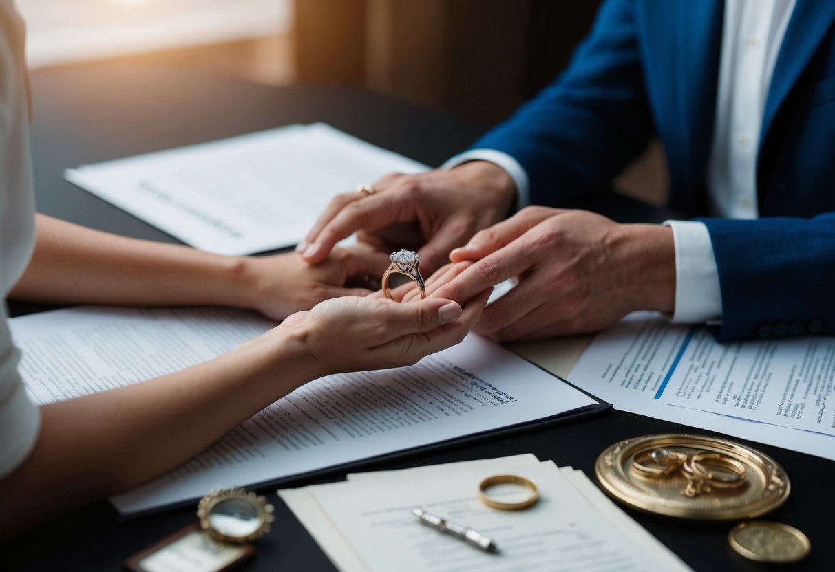 A couple's hands holding a ring, surrounded by legal documents and family heirlooms on a table