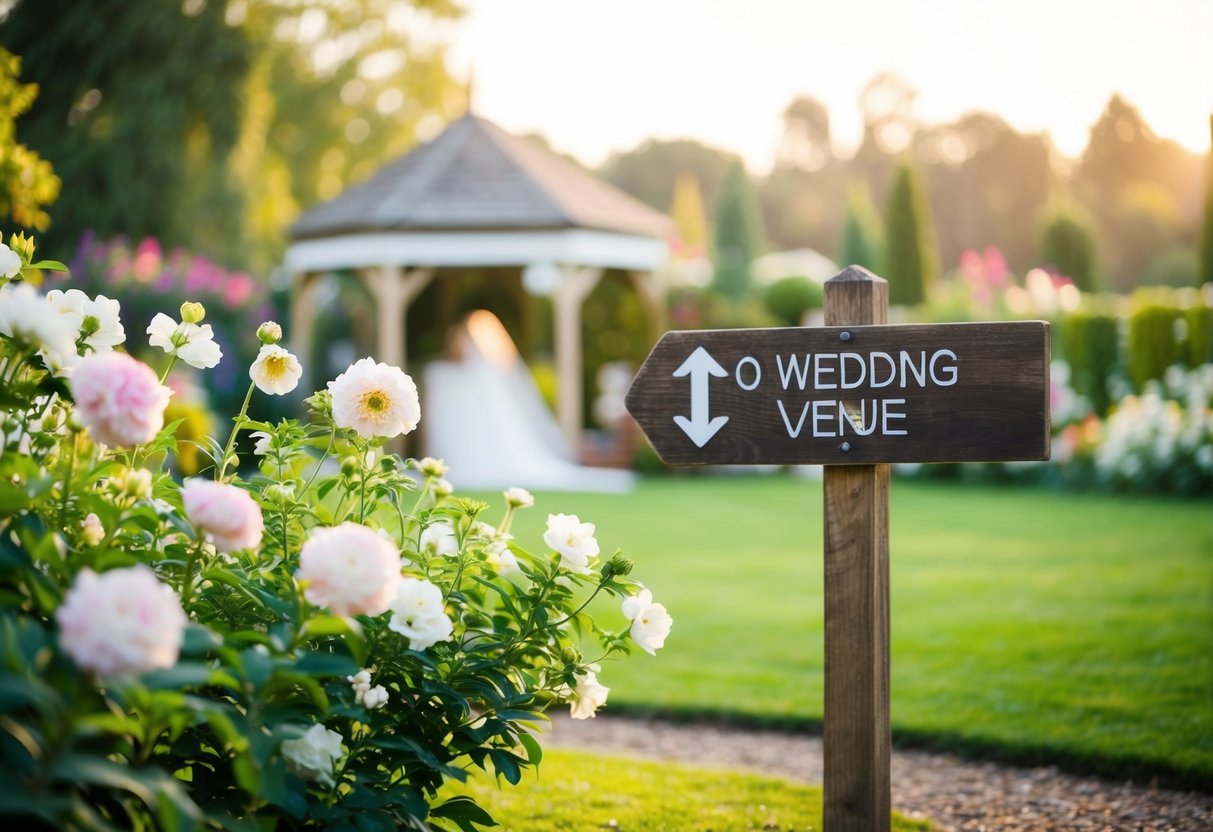 A garden with blooming flowers and a soft morning light, with a wooden sign indicating the direction to the wedding venue