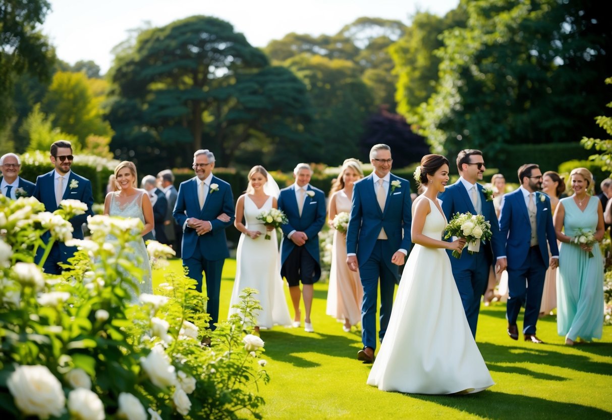 A sunny garden with guests in elegant morning wedding attire