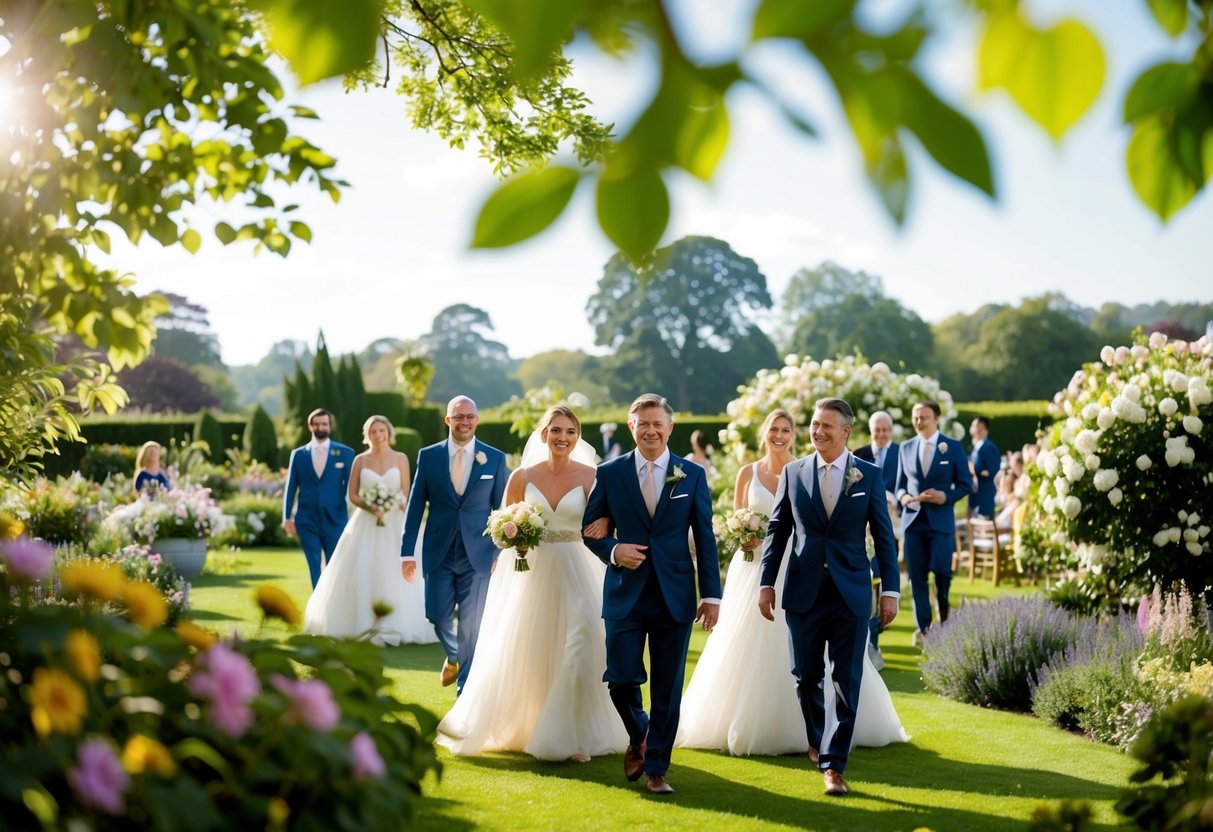 A sunny garden with guests in elegant morning wedding attire, surrounded by blooming flowers and a picturesque backdrop