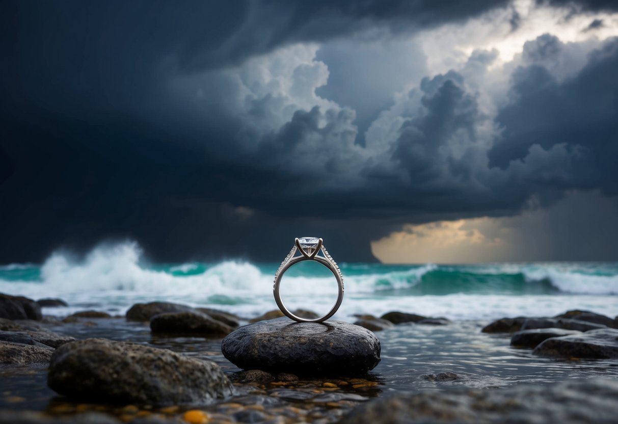 A wedding ring lies abandoned on a rocky shore, surrounded by dark storm clouds and crashing waves