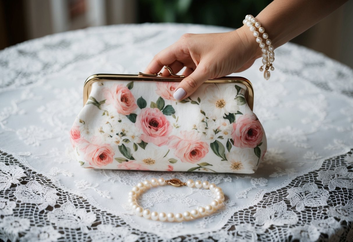A woman's hand holding a delicate floral clutch, with a pair of elegant pearl earrings and a dainty bracelet laid out on a lace tablecloth
