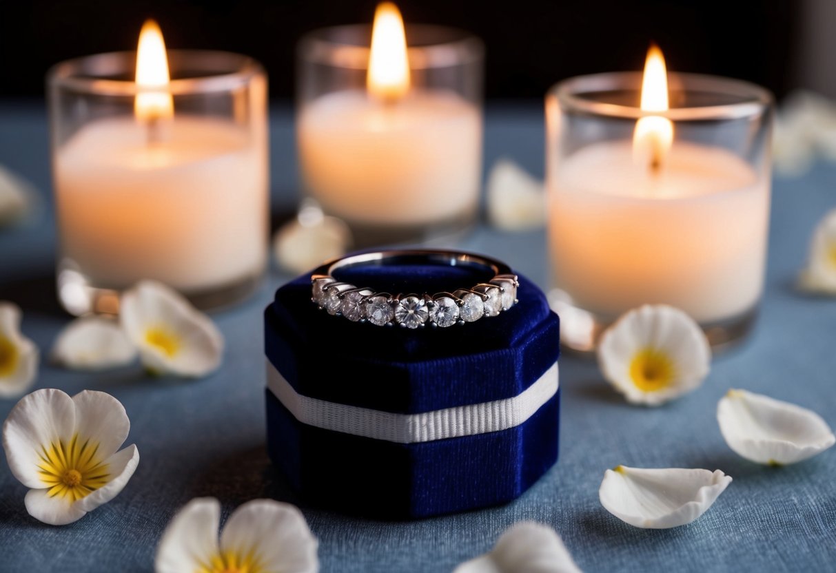 A diamond wedding band rests on top of a velvet ring box, surrounded by soft candlelight and delicate flower petals