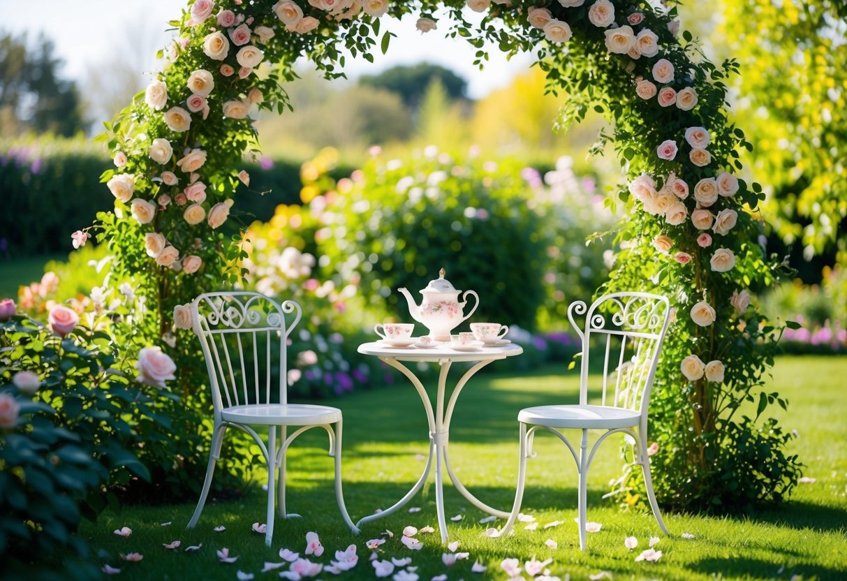 A sunny garden with a blooming floral arch, scattered rose petals, and a small table set with delicate teacups and pastries