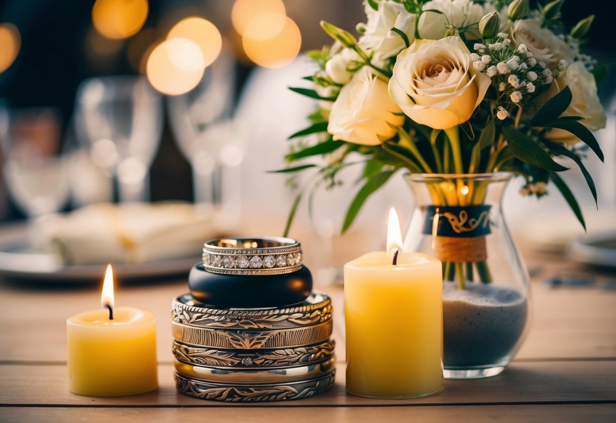 A wedding band sits atop a stack of traditional symbols, including a bouquet, candles, and a unity sand vase
