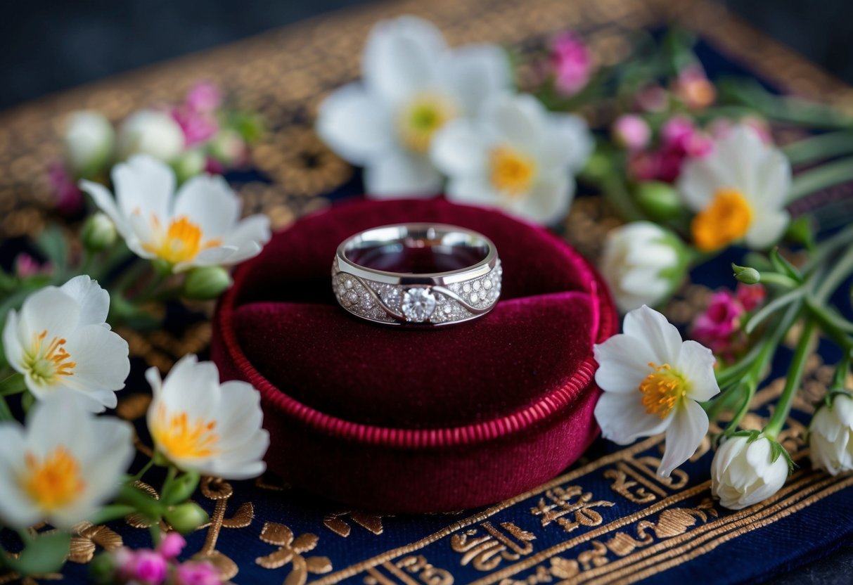 A handcrafted wedding band placed on a velvet cushion, surrounded by delicate flowers and traditional cultural symbols