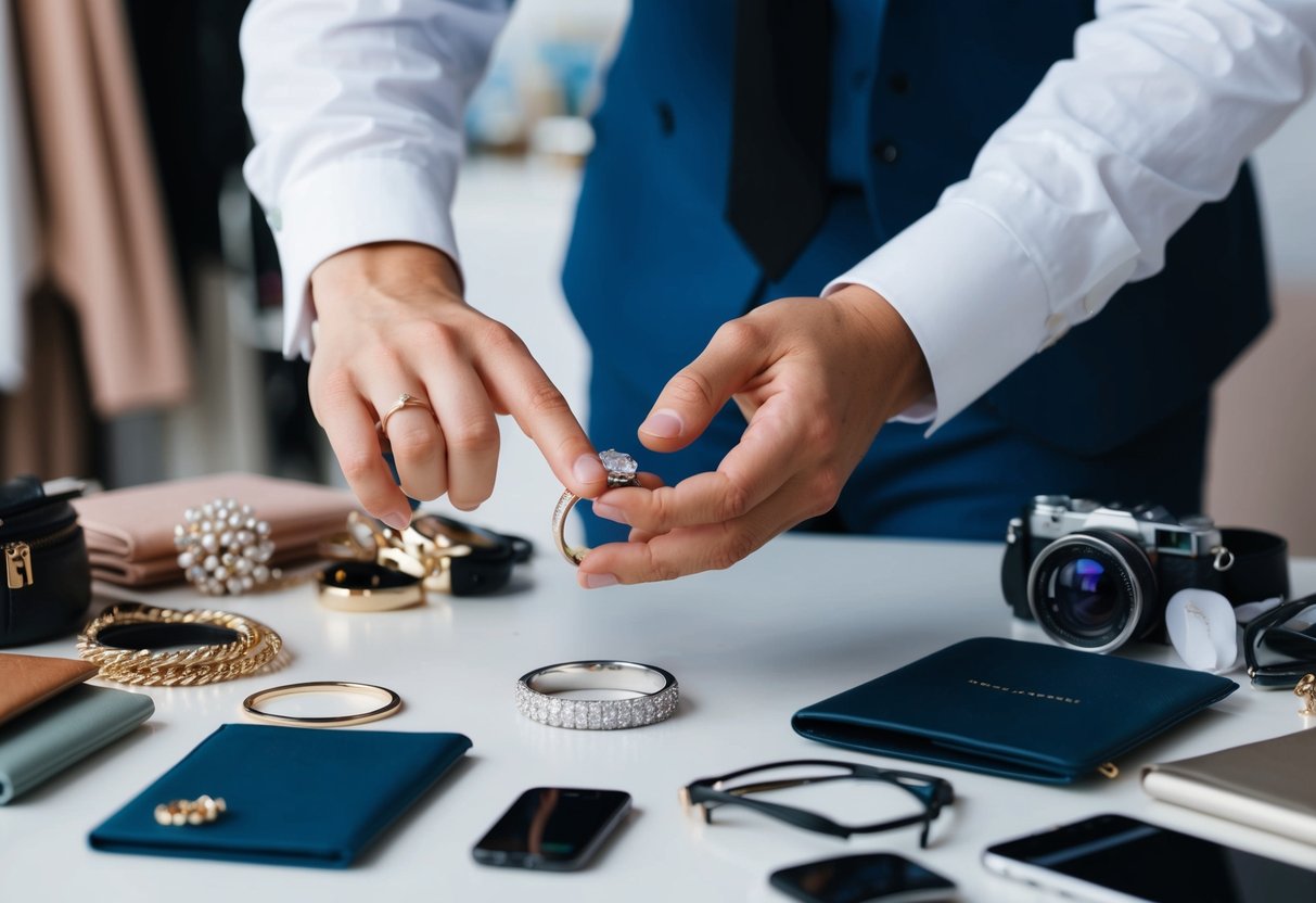A hand reaching for a wedding ring on a table, surrounded by various fashion accessories and personal items