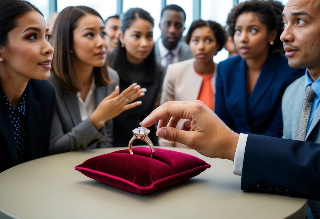 A hand reaches out to touch a wedding ring displayed on a velvet cushion, surrounded by curious onlookers with questioning expressions
