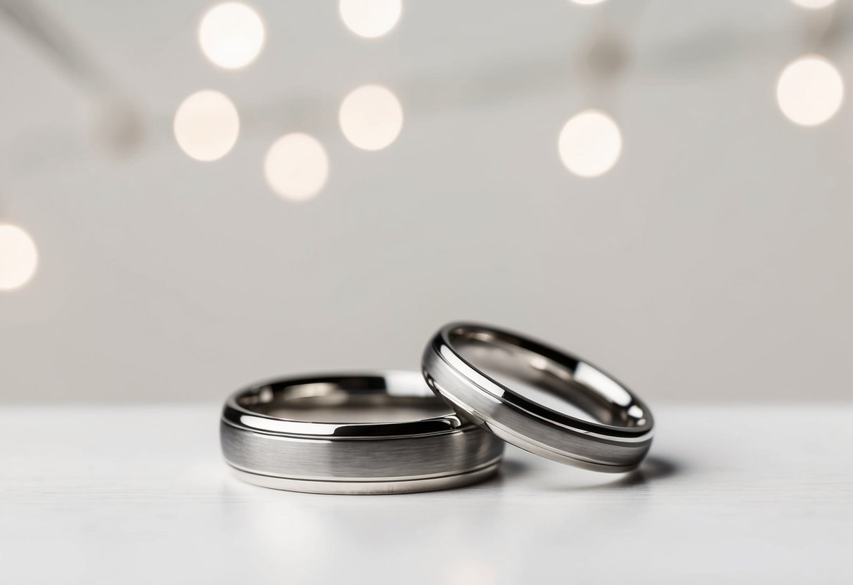 A close-up of two interlocking wedding bands, one positioned on top of the other, against a simple, elegant background