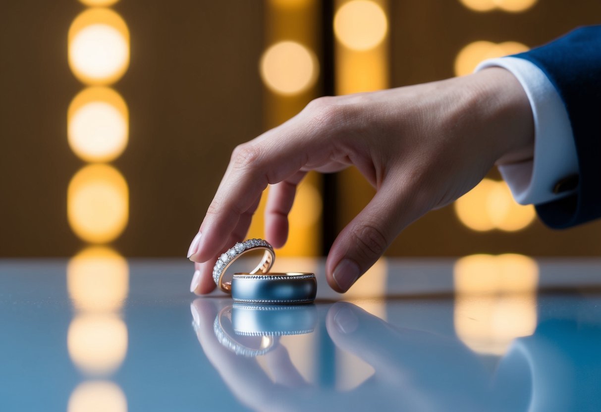 A hand reaching out to place a wedding band on top of another band on a smooth, reflective surface