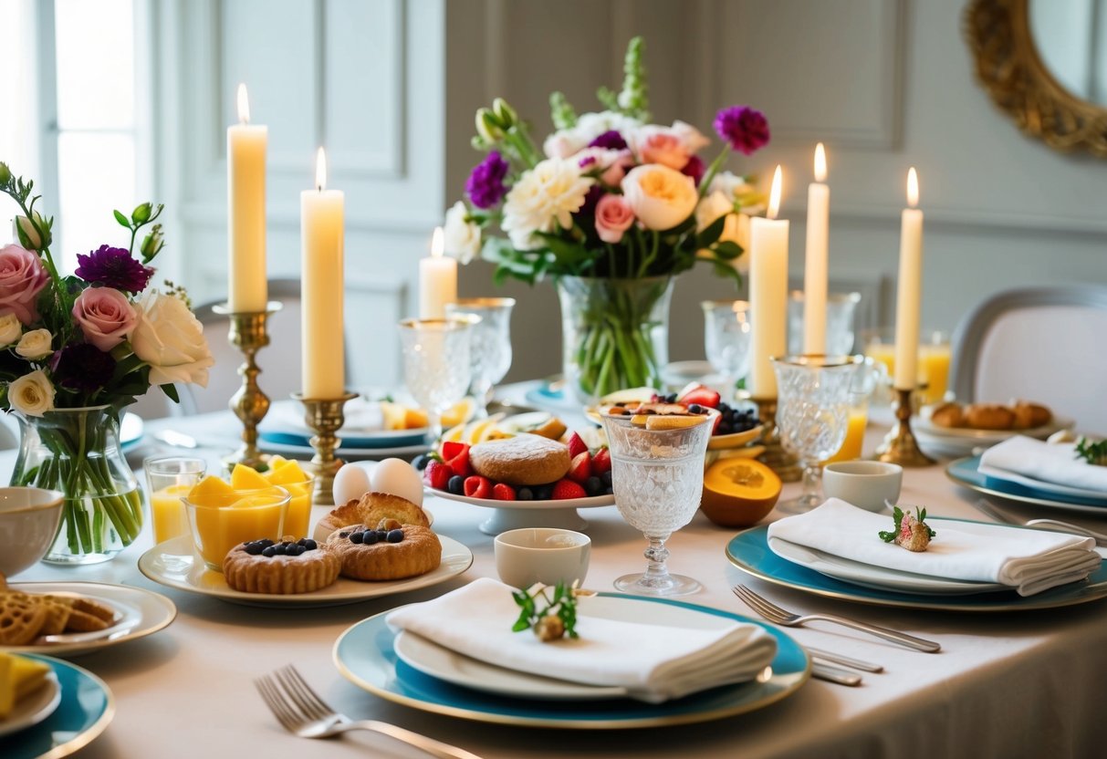 A table set with elegant place settings, adorned with flowers and candles, and filled with traditional breakfast foods such as pastries, fruit, and eggs