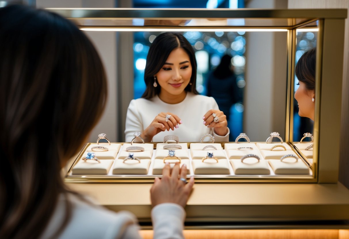 A person standing in front of a display case filled with sparkling engagement rings, trying on different styles and admiring their reflection in the mirror