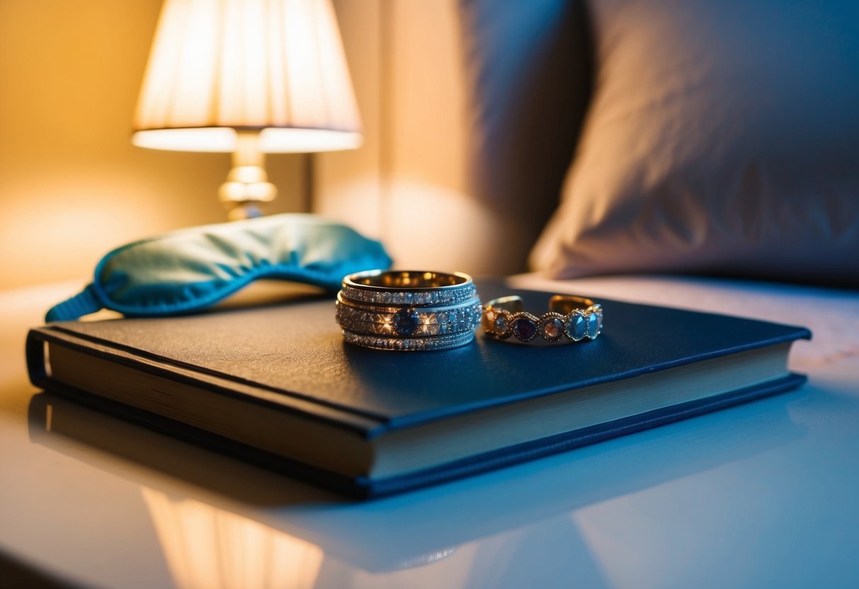 A wedding band rests on a bedside table next to a sleeping mask and a book, illuminated by the soft glow of a bedside lamp