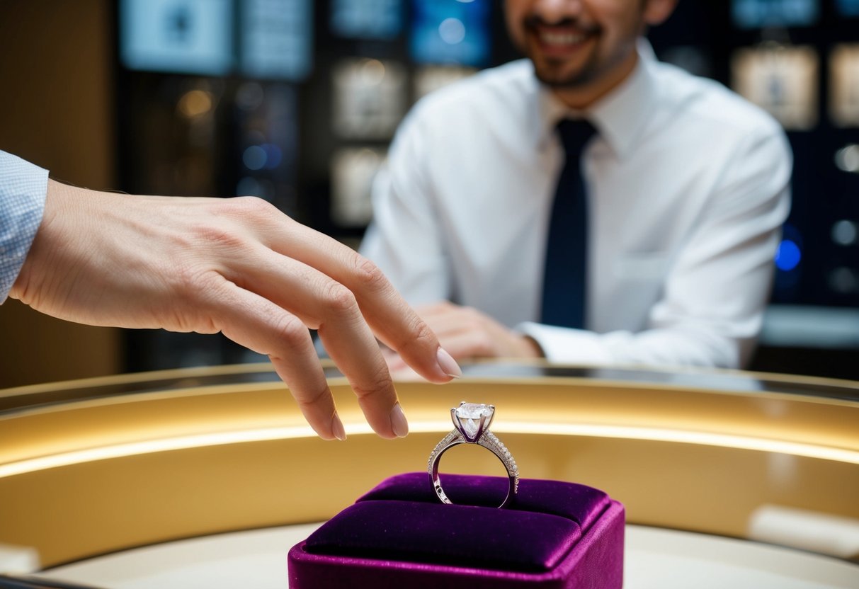 A hand reaches for a sparkling engagement ring on a velvet display, while a salesperson looks on with a polite smile