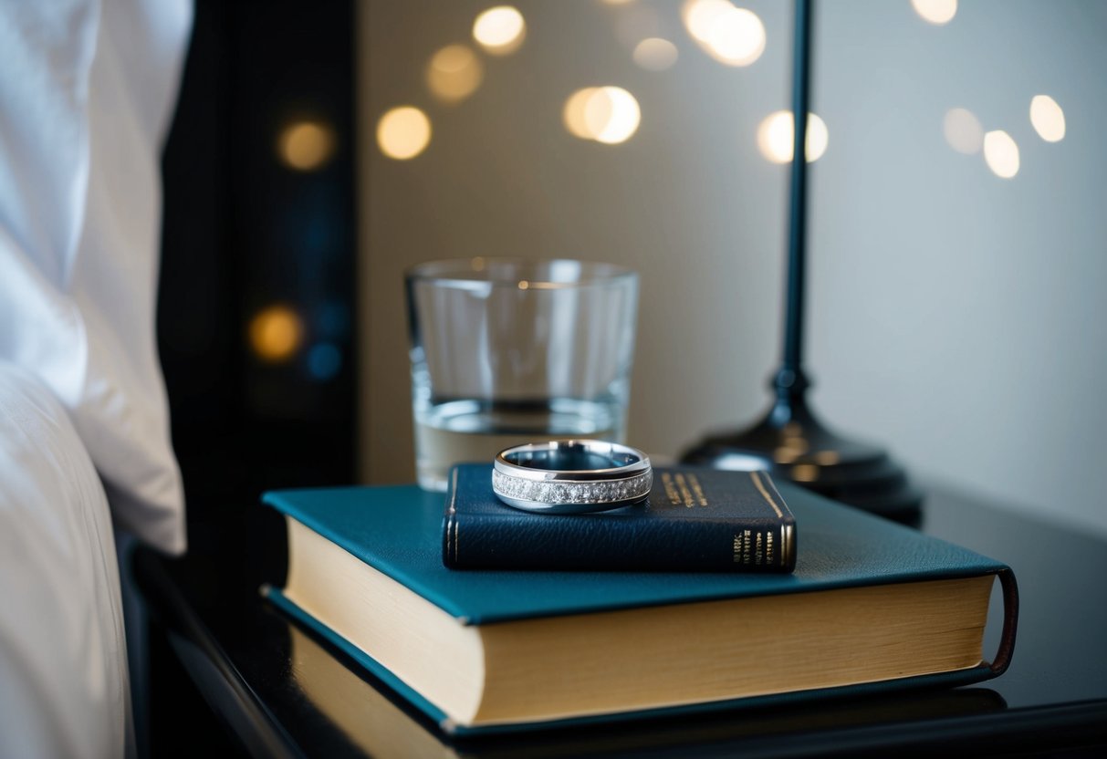 A nightstand with a wedding band resting on top, next to a glass of water and a book