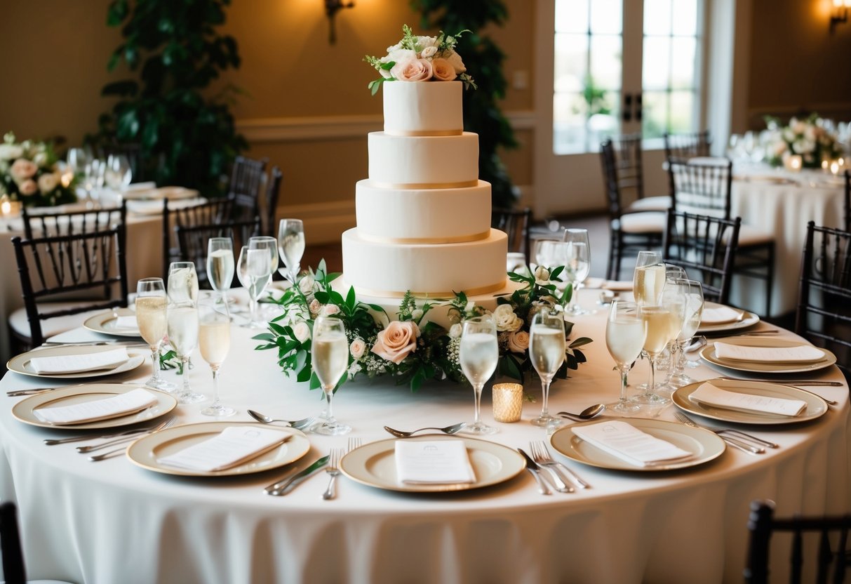 A beautifully set table with elegant place settings, floral centerpieces, and a tiered wedding cake as the focal point