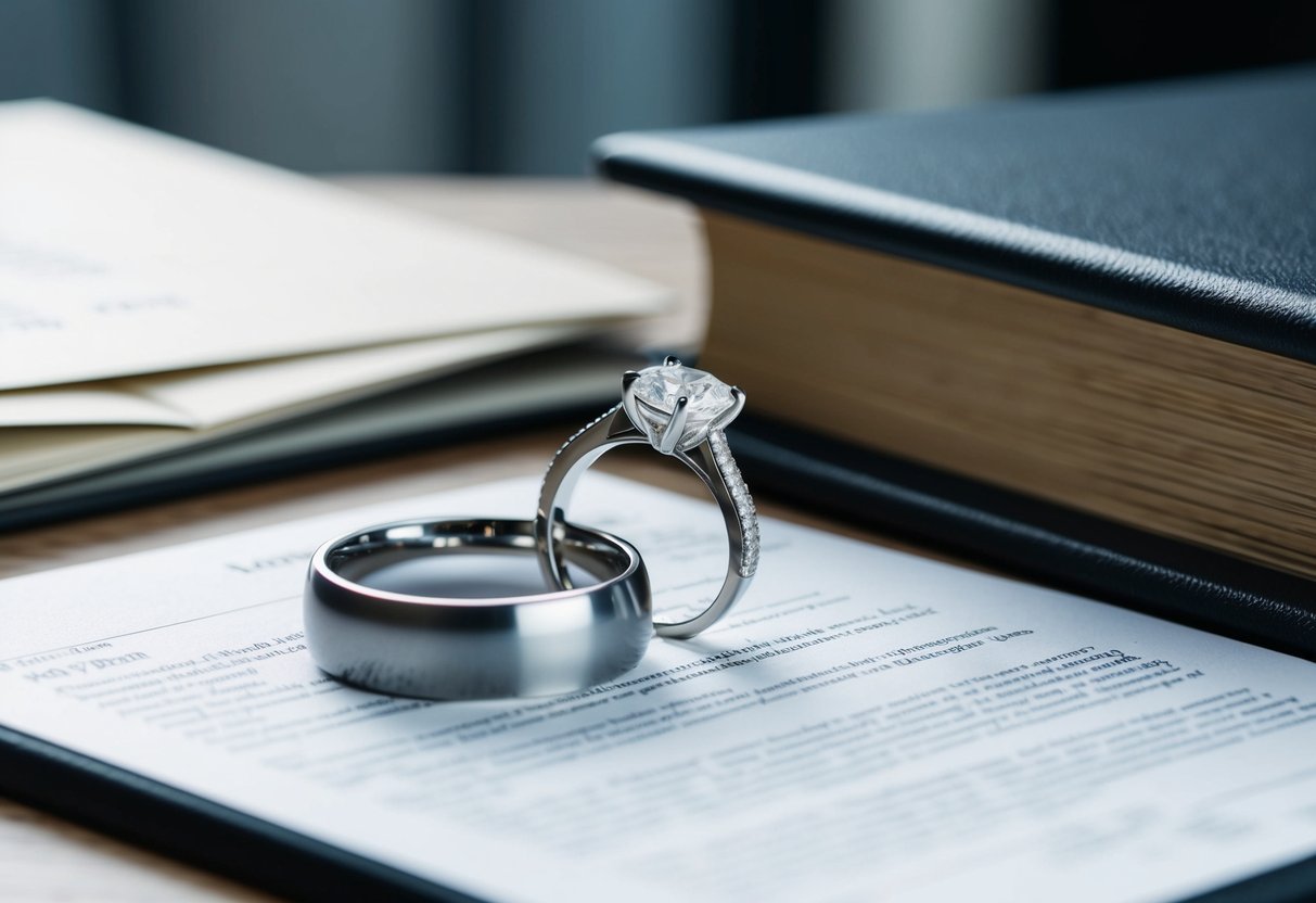 A wedding ring lies on a table, surrounded by legal documents and a photo album