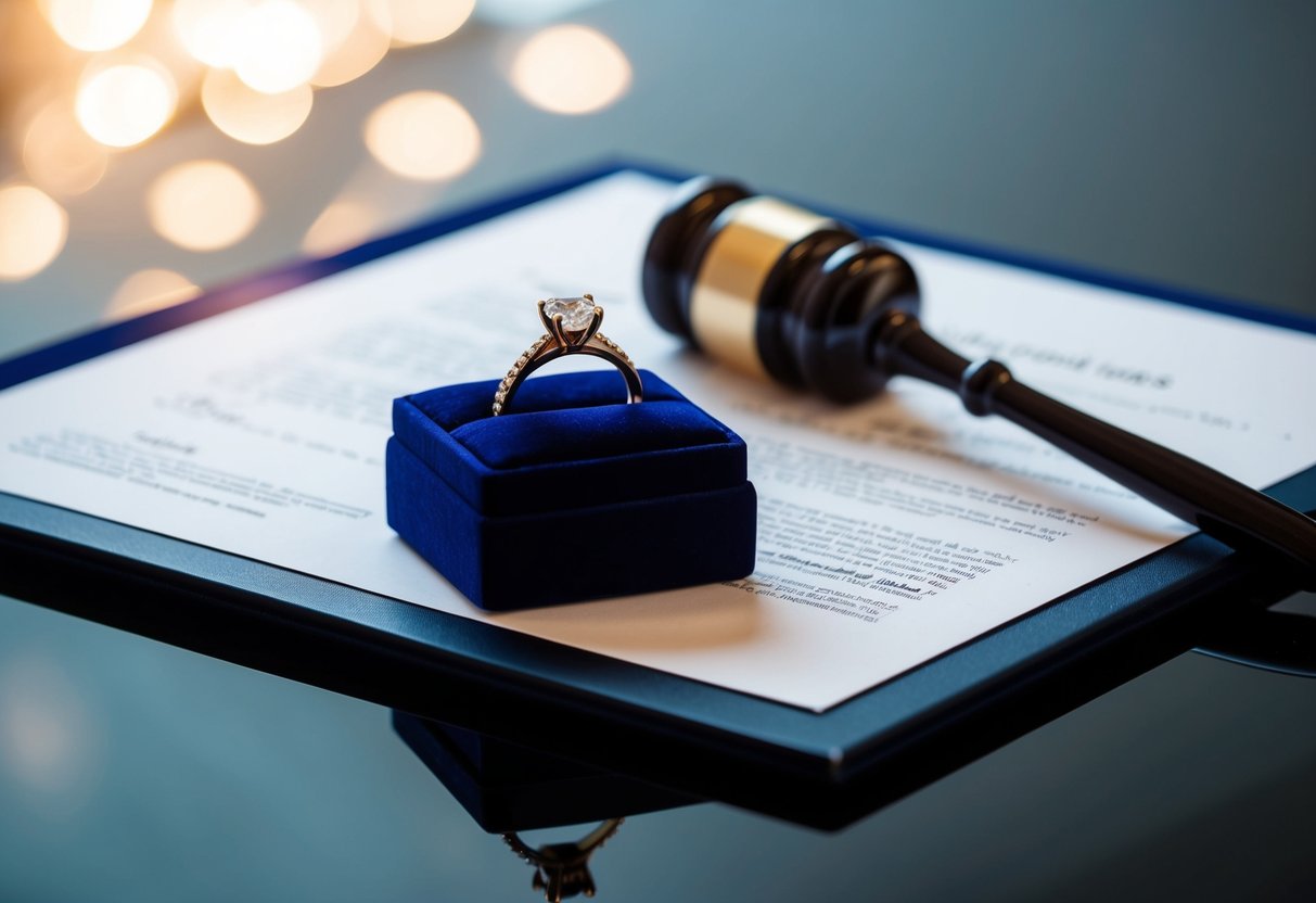 A wedding ring placed on a velvet-lined jewelry box, surrounded by legal documents and a gavel