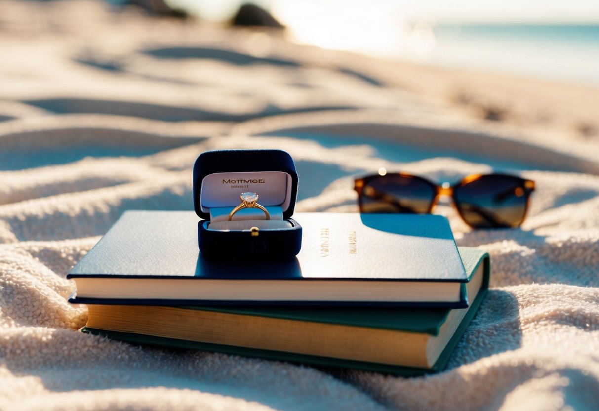 A small jewelry box sits atop a sun-drenched beach towel, nestled between a book and a pair of sunglasses. The sparkling engagement ring glistens in the warm sunlight