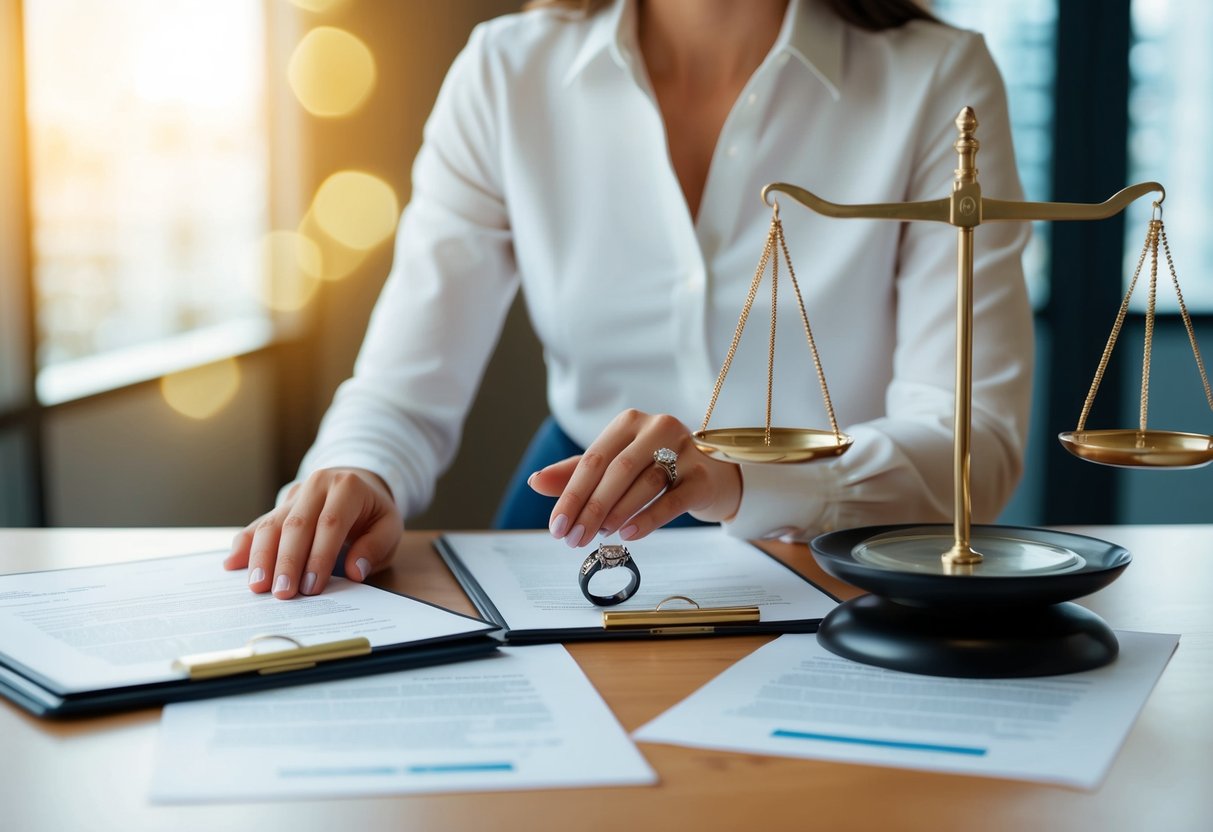 A woman places a wedding ring on a table, surrounded by legal documents and a scale representing the weight of the decision