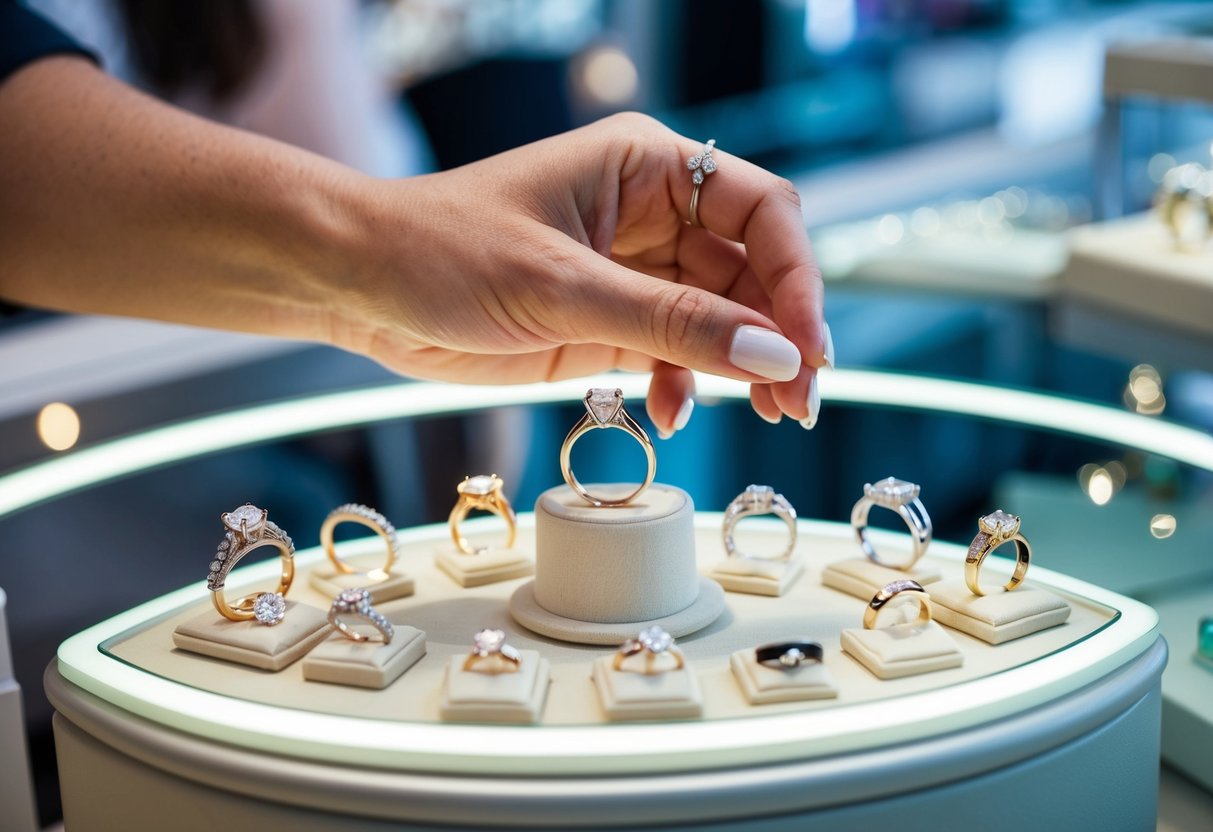 A woman's hand holding a wedding ring, surrounded by various options and styles displayed on a jewelry store counter