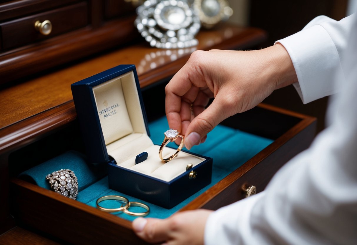 A hand placing a wedding ring inside a jewelry box on a cluttered dresser