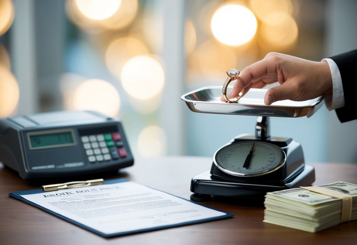 A wedding ring being placed on a scale next to a legal document and a stack of cash