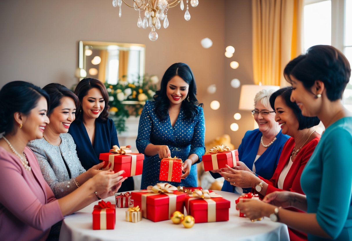 A group of women gather in a decorated room, exchanging gifts and playing games to celebrate an upcoming wedding