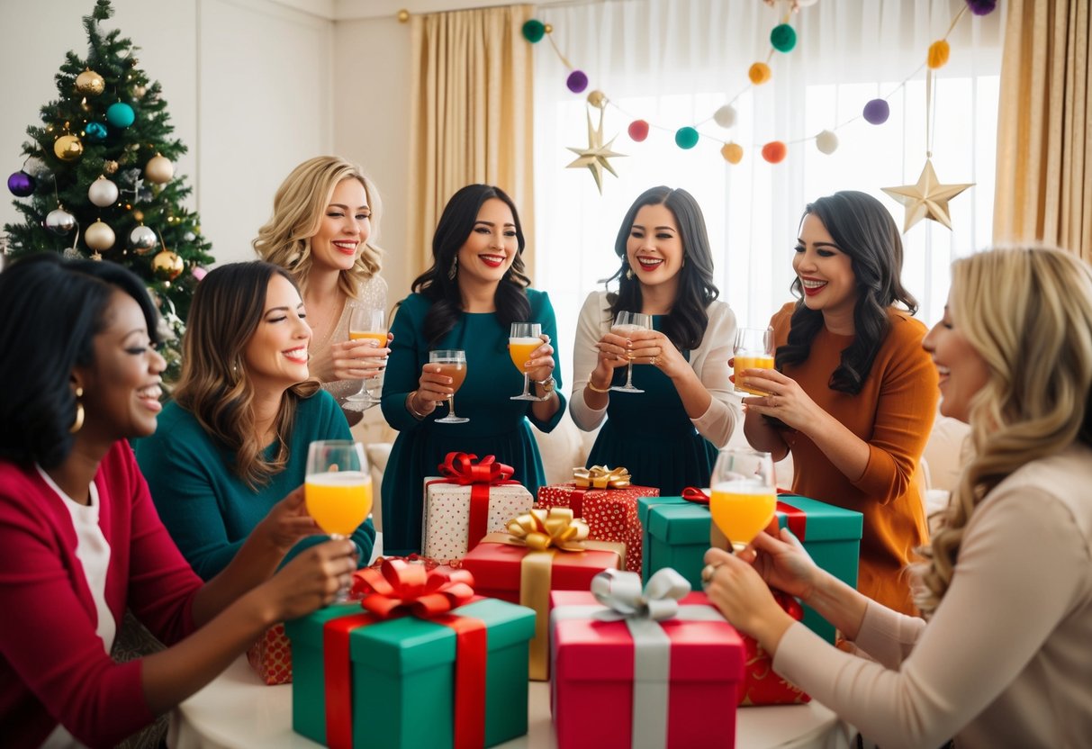 A group of women gather in a decorated room, sipping drinks and playing games. Gifts are piled on a table, and laughter fills the air