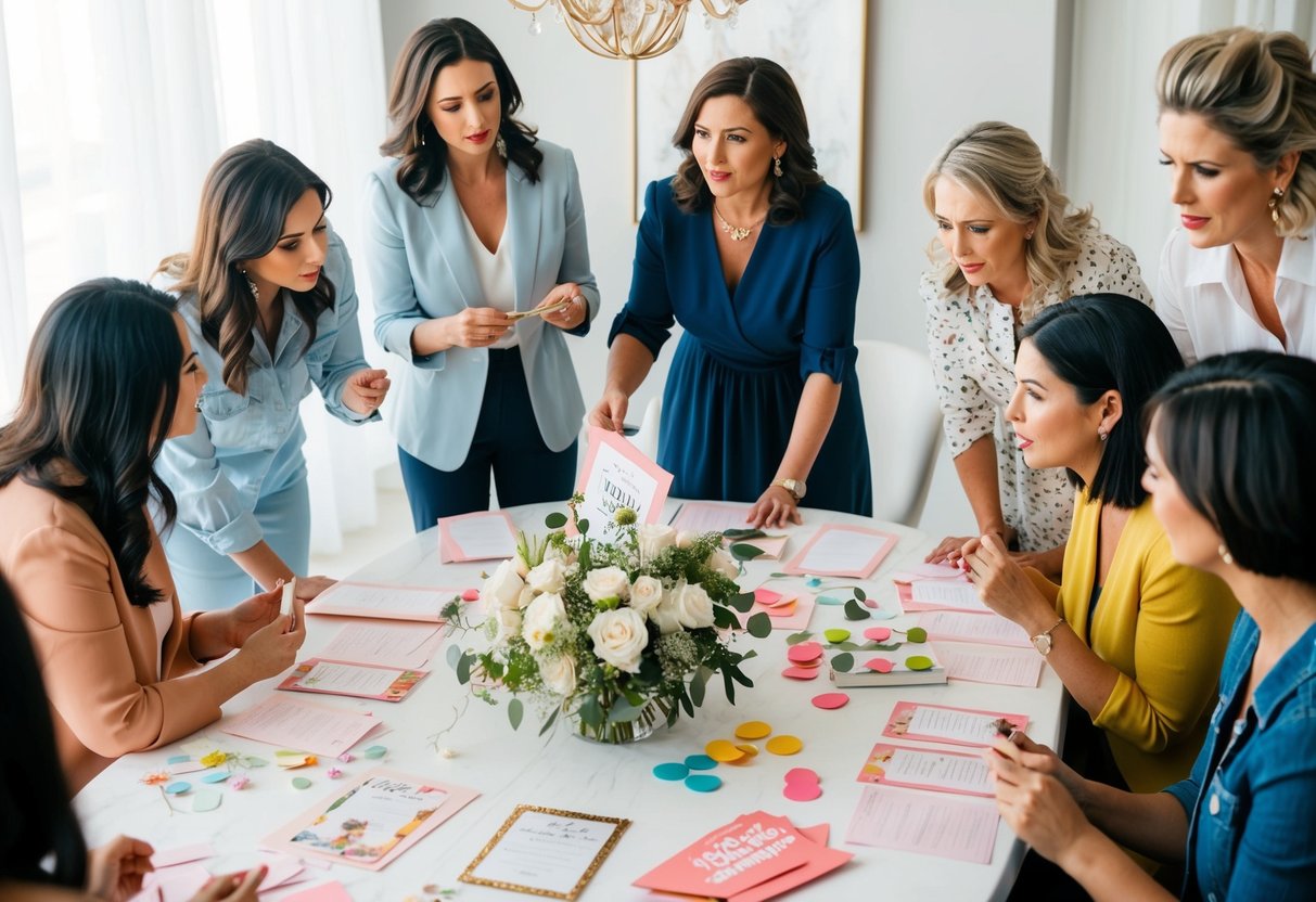 A group of women gather around a table, discussing and planning the details of a bridal shower. Invitations, decorations, and games are spread out on the table