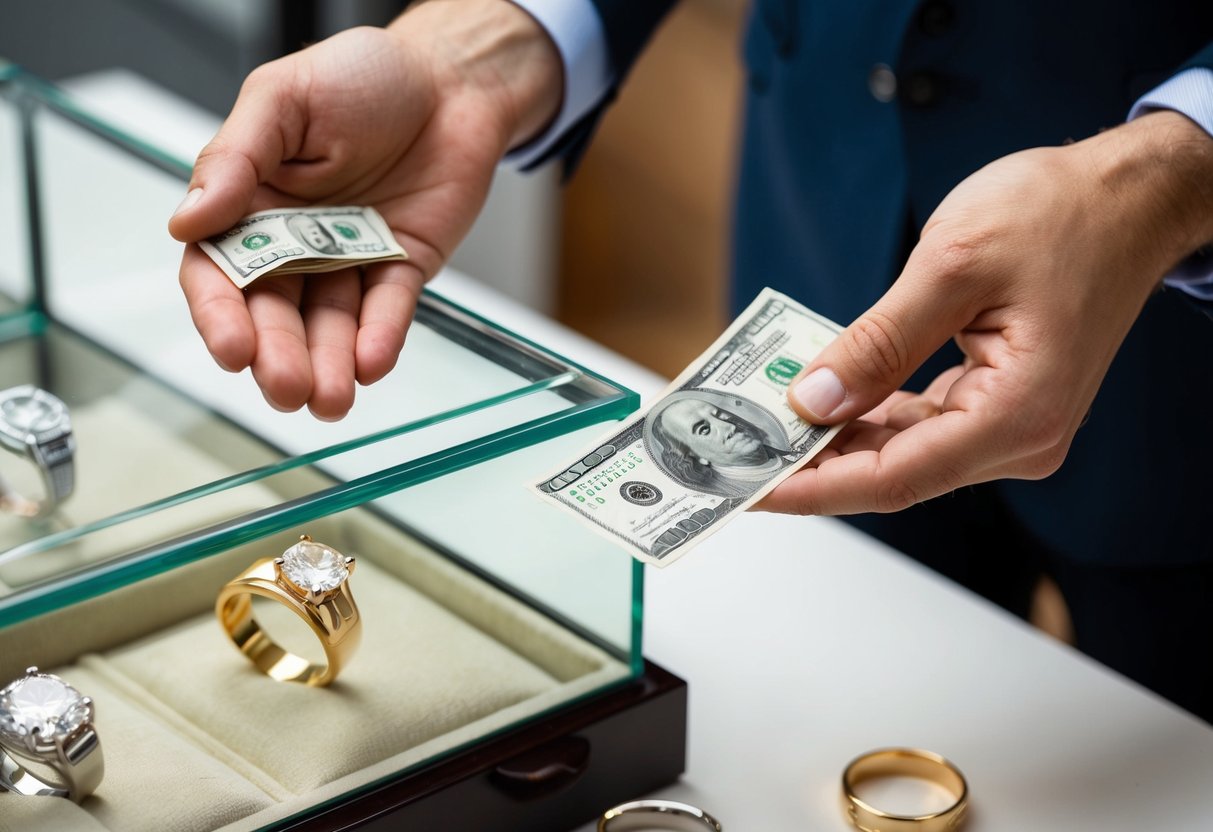 A man's hand holding out money towards a jeweler's display case with wedding bands
